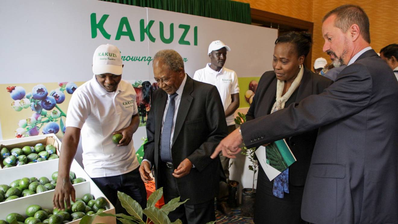 Kakuzi Assistant Manager Extension Services Laban Mwaura, Chairman Nick Ng'ang'a, Director Pamella Ager and MD Chris Flowers at 95th AGM. PHOTO/COURTESY